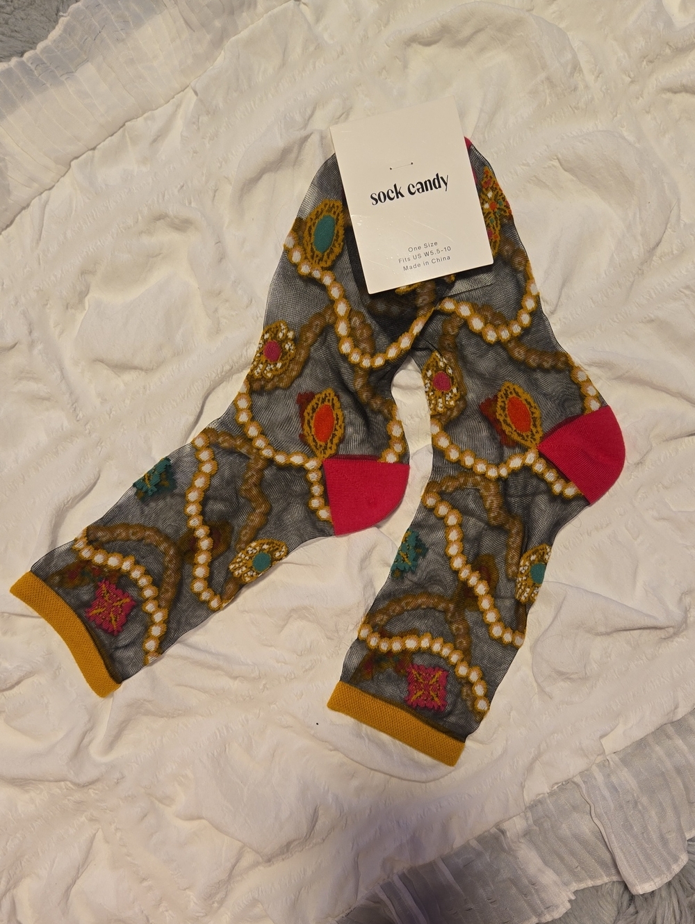 Sock Candy Women’s Pearls & Jewels Black Sheer Print Socks with Pink Heel